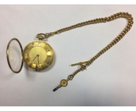 J Wing (Braintree) - an 18ct gold open face pocket watch, the gold coloured dial engine turned and applied with Roman numeral