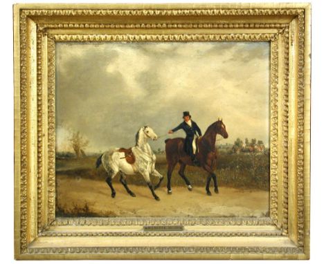W J Shayer (British, 19th Century) A gentleman out hunting on a bay, leading his grey second horse, the Field beyond signed l
