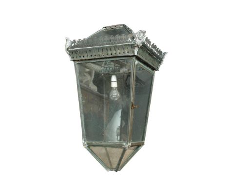A Regency copper lantern, with suspension ring, a pierced cresting and four tapering sides 85 x 45 x 45cm (33 x 18 x 18in)  