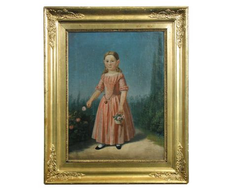 English Provincial School, 19th Century  Portrait of a girl in a pink dress standing beside a rose bush in a garden oil on ca