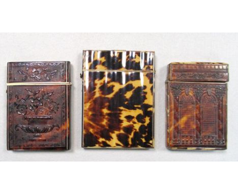 Two 19th century pressed tortoiseshell card cases, one with architectural scenes, the other with an urn of flowers to either 