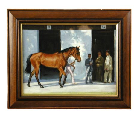 § Frank Geere (British, 20th Century) "Warming Up", "The Paddock, Lingfield" both signed lower right "F W Geere" oil on board