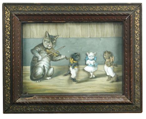 A German picture cat automata, circa 1910, with lithographed picture of a cat playing a fiddle and three dressed dancing kitt