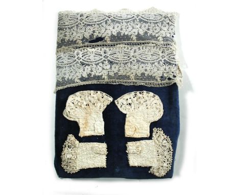 Two pairs of Charles II lace christening mittens together with two later lace cuffs/collars, the tubular mittens with lace cu