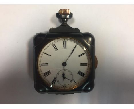 R. U., Geneve - an unusual gun metal cased quarter repeating pocket watch/travel clock, the white enamel dial printed with Ro