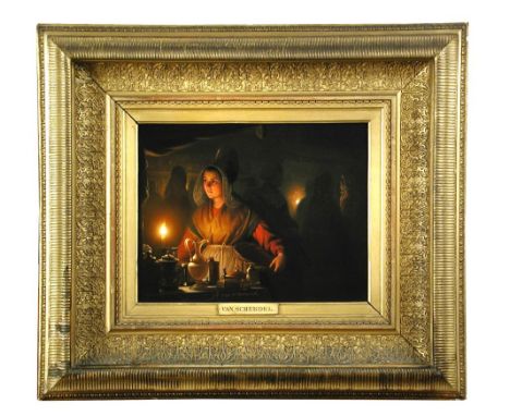 Petrus van Schendel (Dutch, 1806-1870) An Interior with a maidservant by candlelight signed centre bottom "P van Schendel" oi