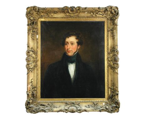 English School, 19th Century Portrait of Henry Vigne, Master of the Epping Harriers, as a young man, in a black coat and blue