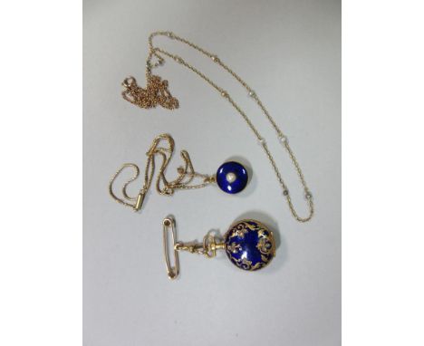 A small enamel and seed pearl collection to include a diamond set fob watch, the French 18ct gold lady's fob watch with blue 