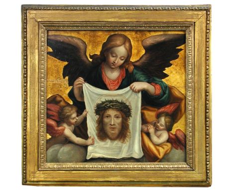 Spanish School, 17th Century  An Angel and Putti holding the Veil of Saint Veronica with Christ's head crowned with thorns oi