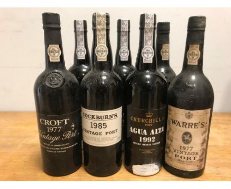 Vintage Port. Warre's 1977, 2 bottles; Croft 1977, 1 bottle; Cockburns 1985, 1 bottle; Churchill Agua Alta 1992, 3 bottles (l