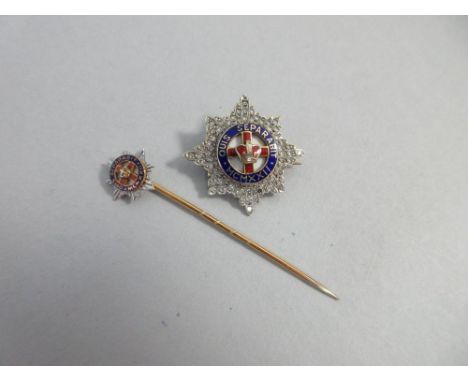 A gold, diamond and enamel Regimental brooch together with an enamel stick pin for the same Regiment, for the 4/7th Royal Dra