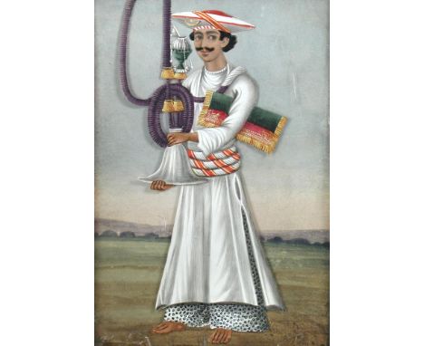 Company School, Patna, 19th Century, two paintings on card, one depicting a face and a veranda covered with a striped rug bel