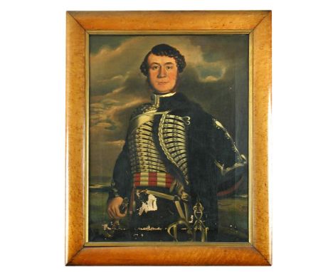 English School, 19th Century  Portrait of a Trooper of the Yorkshire Hussars, a Yeomanry unit, holding a pistol oil on canvas