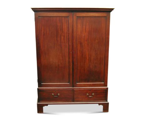 A George III mahogany dwarf press cupboard, with two short drawers, on bracket feet 168 x 125 x 62cm (66 x 49 x 24in)  