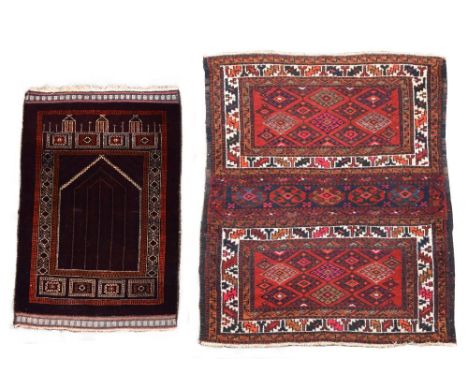 A Belouch prayer rug, 130 x 80cm (51 x 31.5 in) and a Kazak pattern bag face 120 x 163cm (47 x 64in) ( 2)  Colours remain str