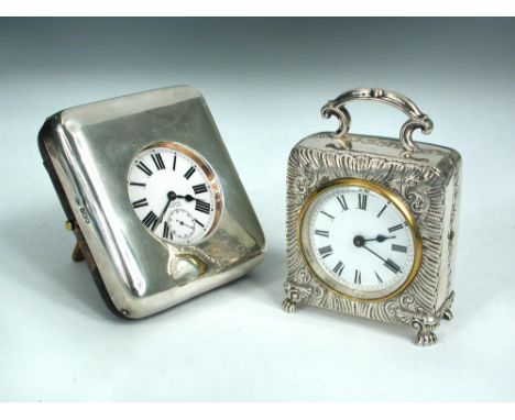 A late Victorian silver cased miniature carriage clock, by Douglas Clock Co Ltd, Birmingham 1900, surmounted by a fixed frame
