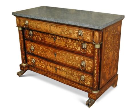 A 19th century Dutch mahogany and marquetry inlaid commode, with grey marble, fitted a blind frieze drawer and three further 