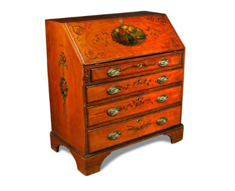 An Edwardian satinwood bureau, painted with neo-classical subject after Angelica Kauffman, bordered by swags, oval brass hand