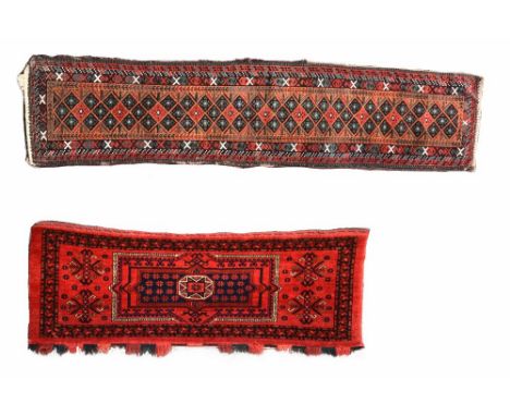 A Turkoman tent panel, 143 x 47cm (56 x 18.5in) and a Caucasian tent panel 198 x 42cm (78 x 16in) (2)  Some small areas of pi