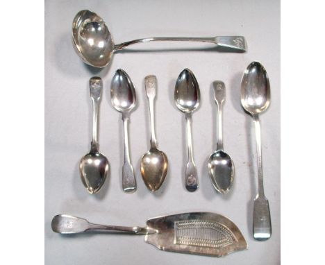 A composed part service of George III fiddle pattern flatware, comprising, twelve spoons, two table forks, three dessert fork