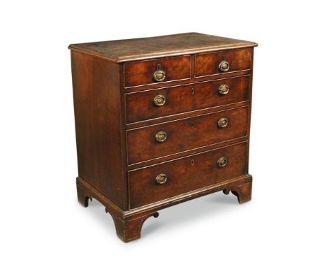 A George III mahogany chest of small proportions, with two short and three long graduated drawers, on bracket feet 77 x 72 x 