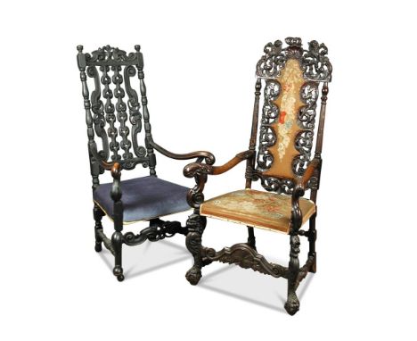 A 17th century walnut high back armchair, with carved crown, lion and shell cresting, needlepoint panel back and seat, long s