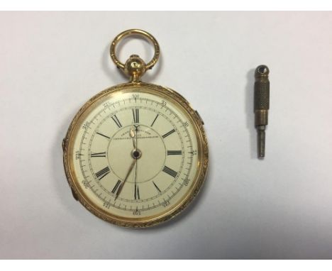 Unsigned - an 18ct gold cased open faced chronograph pocket watch, the cream dial printed with Roman numerals, centre sweep s