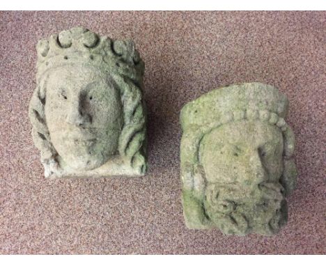 A pair of 18th century architectural stone masks of Medieval King and Queen (2) 26 x 20 x 30cm (10 x 8 x 12in)  