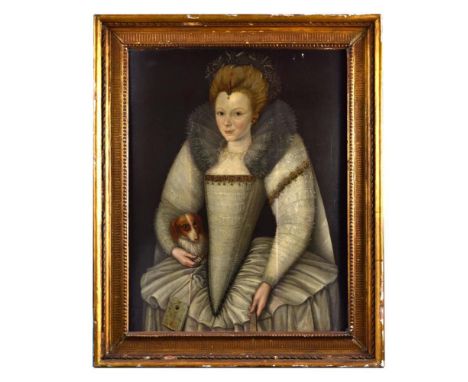 English School, circa 1600 Portrait of a lady with her small spaniel beside her, an earring in her left ear depicting Cupid, 