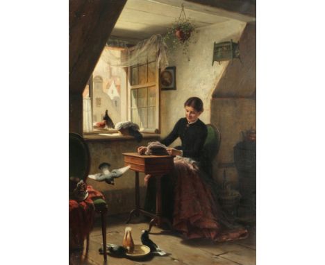 Hermann WERNER (1816-1905) Näherin bei offenem Fenster mit Tauben 1856Öl/Leinwand, u. rechts signiert und datiert H. Werner (