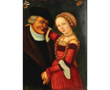 Lucas CRANACH (1472-1553) Schule - Das ungleiche Paar,Öl/Holz, u. recht unleserlich signiert, rückseitig alte Klebezettel und