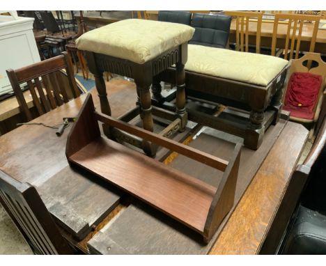 Two oak upholstered stools together with a mid century teak book shelf  (3)