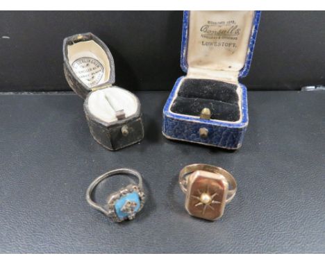 A gold ring stamped 15ct set with a central seed pearl approx. weight 3.3g together with a silver and enamel ring A/F (2)