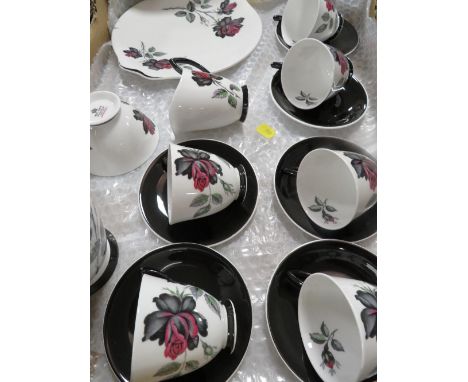 A Royal Albert Masquerade coffee set, coffee pot, milk and sugar, cake plate, 6 cups/saucers