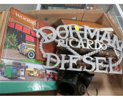 A tray of assorted collectables to include an aluminium Dorman Diesel sign, vintage books etc