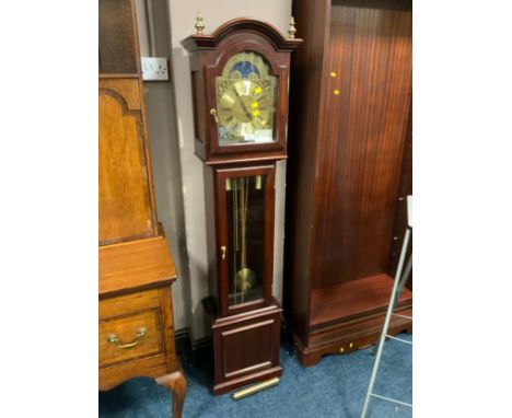 A reproduction Interclock of Belgium long case clock with moon roller and triple weight H 164 cm