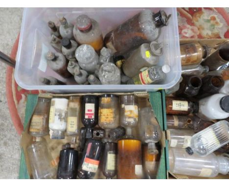 Three boxes of vintage apothecary / chemist bottles etc.