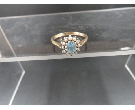 An aquamarine and pearl set 9ct gold dress ring, size U, weight approx. 2.8 g