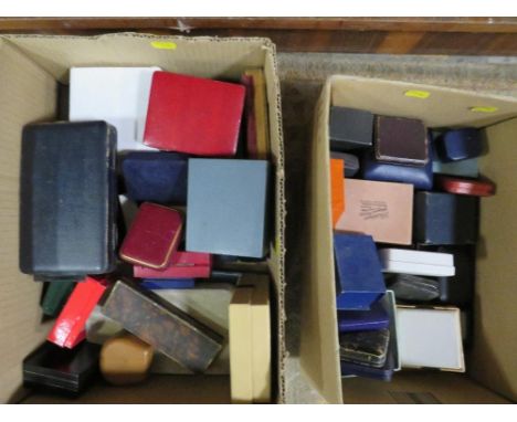 Two boxes of antique and vintage jewellery boxes for rings, brooches, studs, etc.