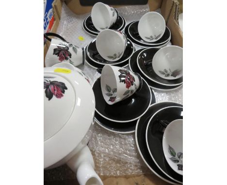 A Royal Albert Masquerade tea set, coffee pot, milk and sugar, cake plate, 6 cups/saucers