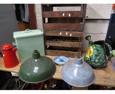 Two vintage wooden pop bottle crates, two vintage lights and some enamel ware
