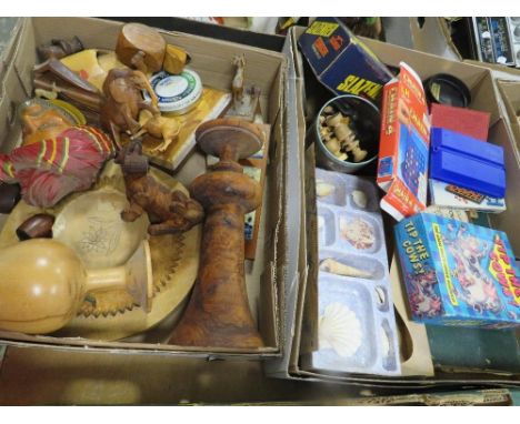 Two trays of collectables to include treen, vintage games, chess pieces etc