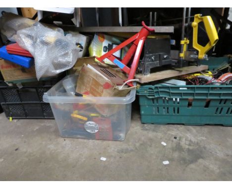 A large selection of tools, saws, stands, lights etc