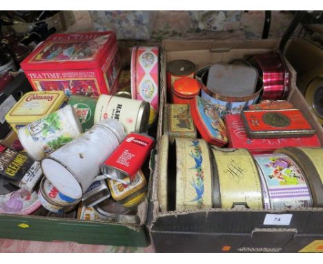 Two boxes of assorted vintage tins