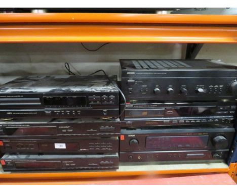 A collection of seven Denon stacking Hi-Fi separates consisting of an integrated stereo amplifier, PMA-350II AV surround rece