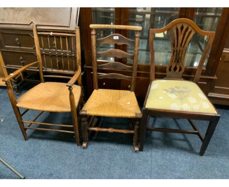 Two vintage oak wicker seat chairs and a 19th mahogany chair. (3)