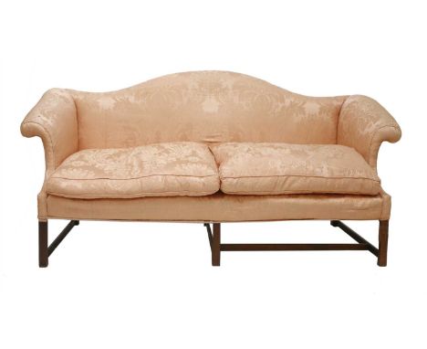 A Chippendale-style camel back three-seater settee, modern, with pink damask upholstery on square mahogany legs, 202cm long