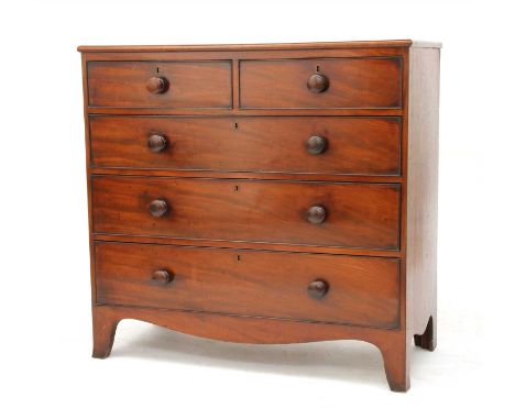 A mahogany chest of drawers, 19th century, of two short over three long graduated drawers, on apron bracket feet, 107cm wide 