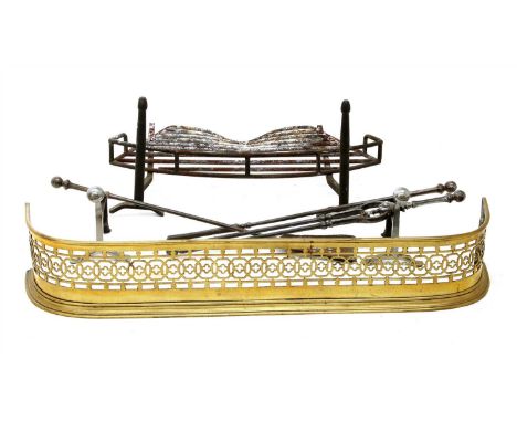 Fireplace furniture, a set of three Georgian-style iron fire tools, poker 74cm long, a fire grate and dogs, a pair of andiron