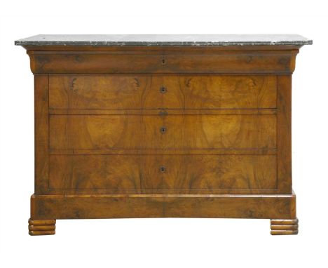 A Louis Philippe walnut commode, the later marble top over four long drawers and bracket feet, 130cm wide 57cm deep 90cm high